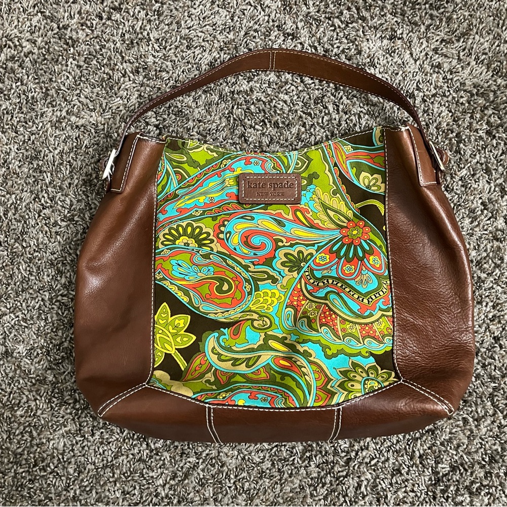 Kate Spade paisley canvas and leather tote bag brown green